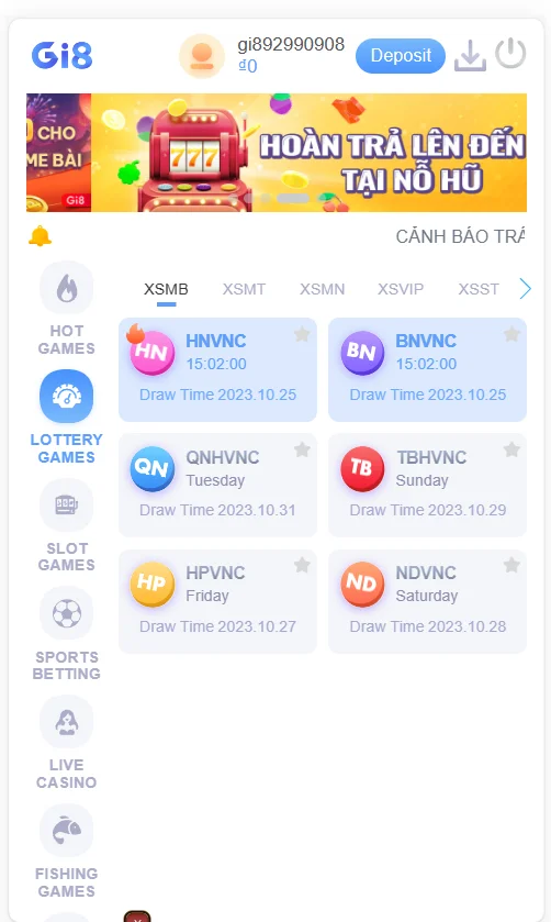 Giao diện xổ số trực tuyến tại Gi8 với nhiều hình thức cược