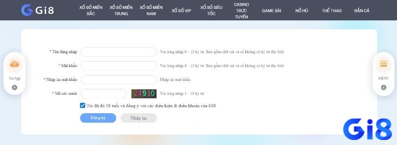 Giao diện đăng ký tài khoản để chơi game bài tại Gi8