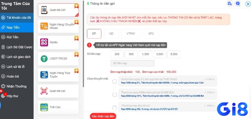 Phương thức nạp và rút tiền tại trang xổ số uy tín Gi8 khá đa dạng